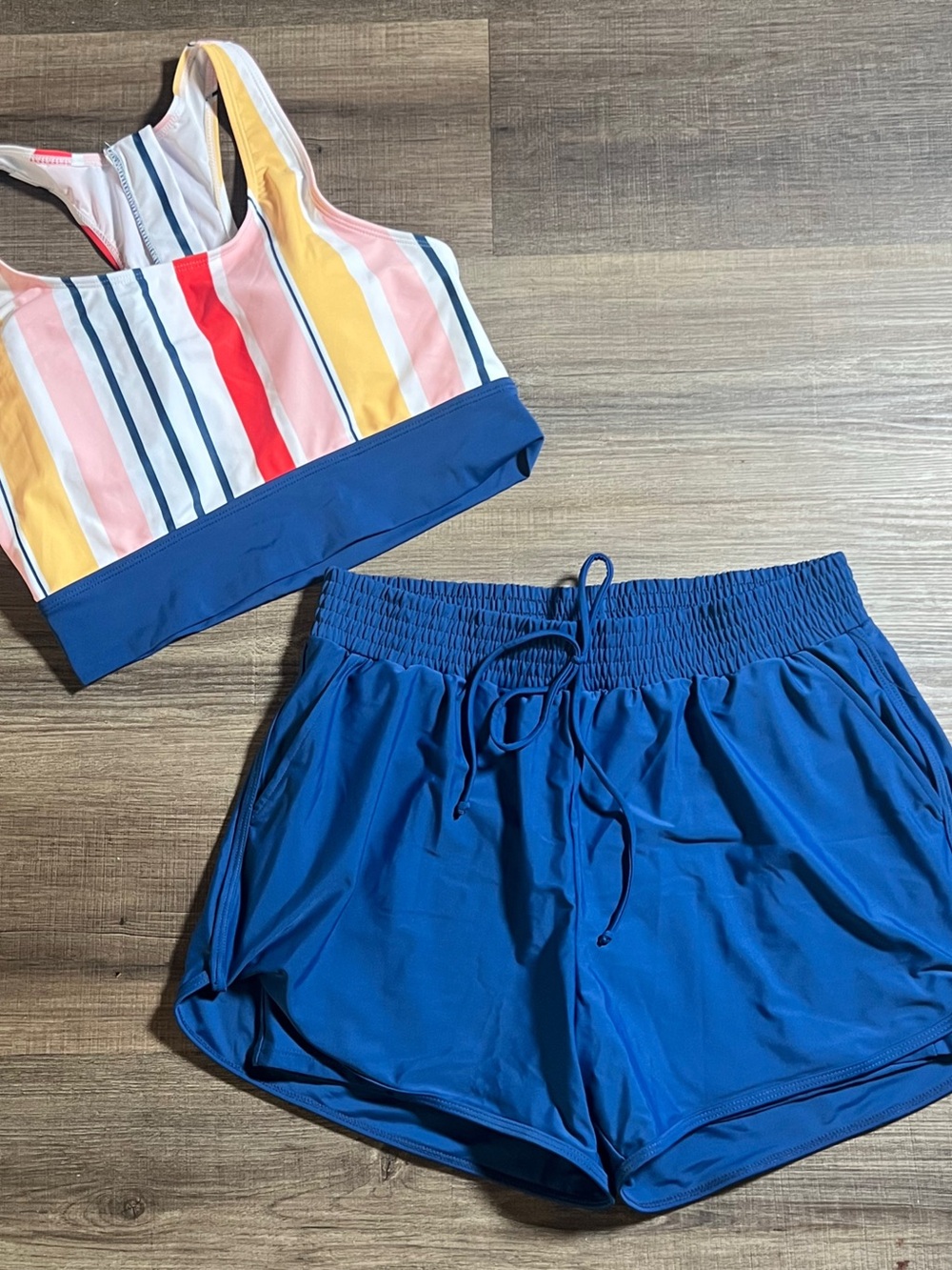 Women’s Striped Zipper Back Sports Bra With Shorts Swim Set